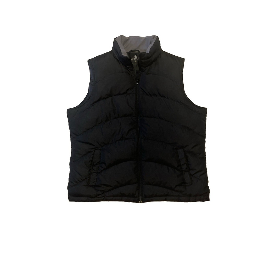 Lands' End Puffer Vest Womens XL 18 Black Down Feathers Fill Quilted Full Zip